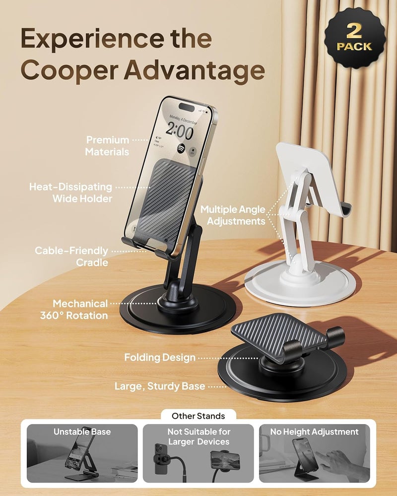 cooper حامل 360°، [حزمة هدايا عائلية]، حامل هاتف محمول دوار للمكتب، حامل هاتف محمول للمكتب، حامل آيفون، قاعدة معدنية قوية، يناسب هواتف سامسونج، هواتف أندرويد، (أسود بيانو، عبوة من 2)  - Image 5